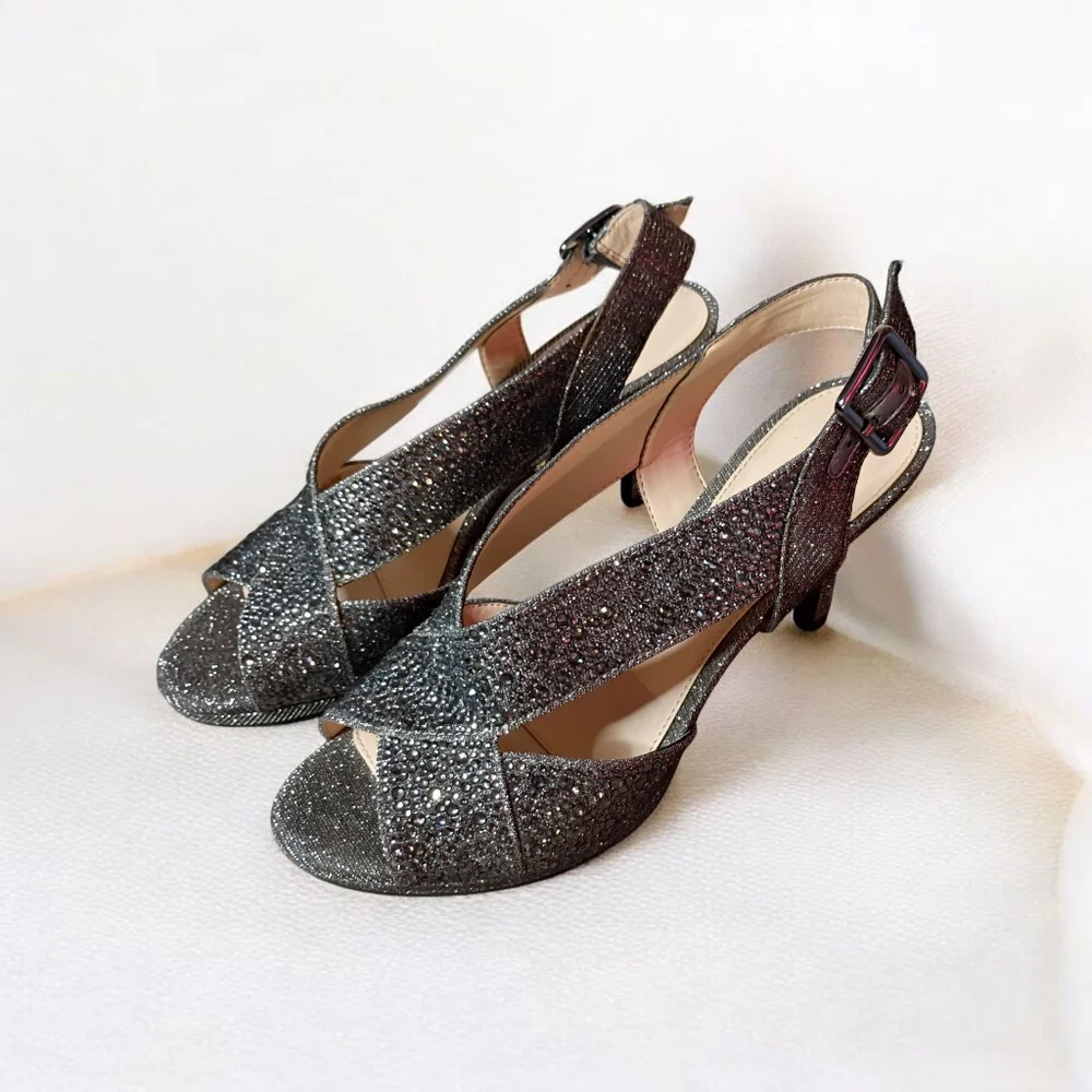 Alex Marie Silver Rhinestone Heels – Luxe Glam Elegant Slingback Open Toe 7.5 - Picture 8 of 10